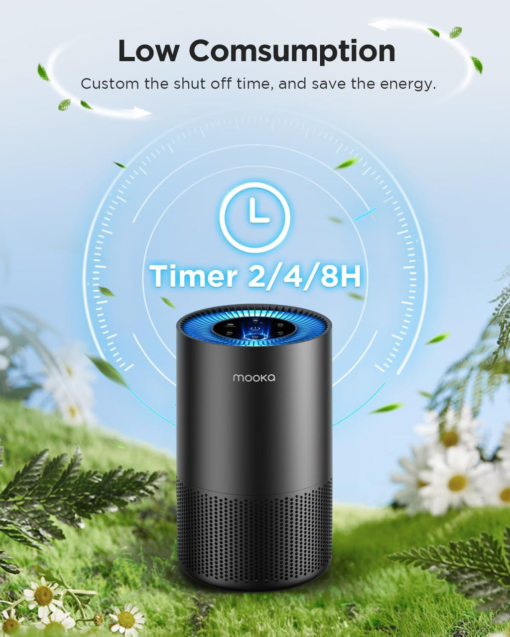 MOOKA H13 HEPA Air Purifier for Home Pet Large Room Up to 1300ft², Black