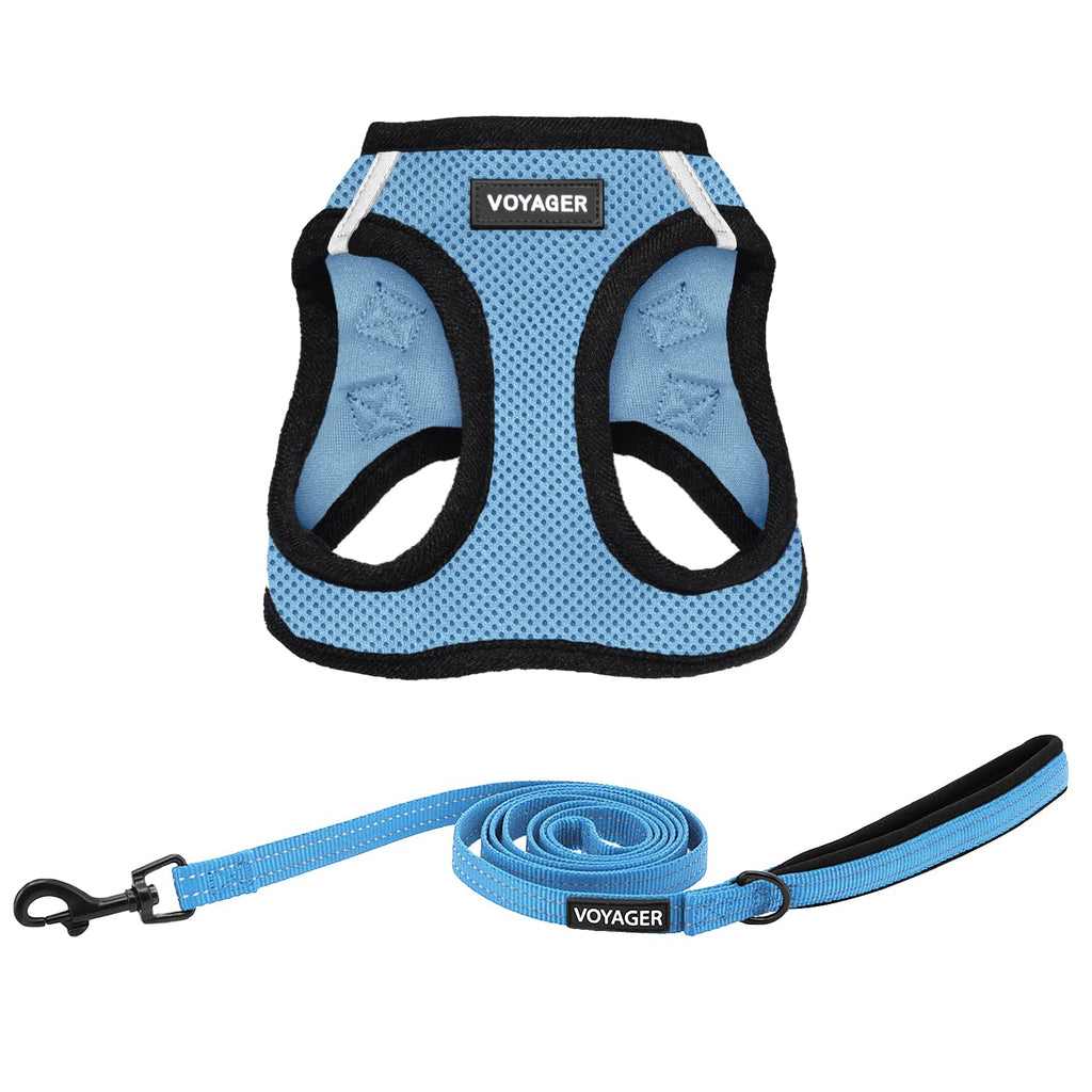 Best Pet Supplies Voyager Step-in Air All Weather Mesh Harness and Reflective Dog 5ft Leash Combo with Neoprene Handle, for Small, Medium and Large Breed Puppies - Baby Blue/Black Trim, X-Small