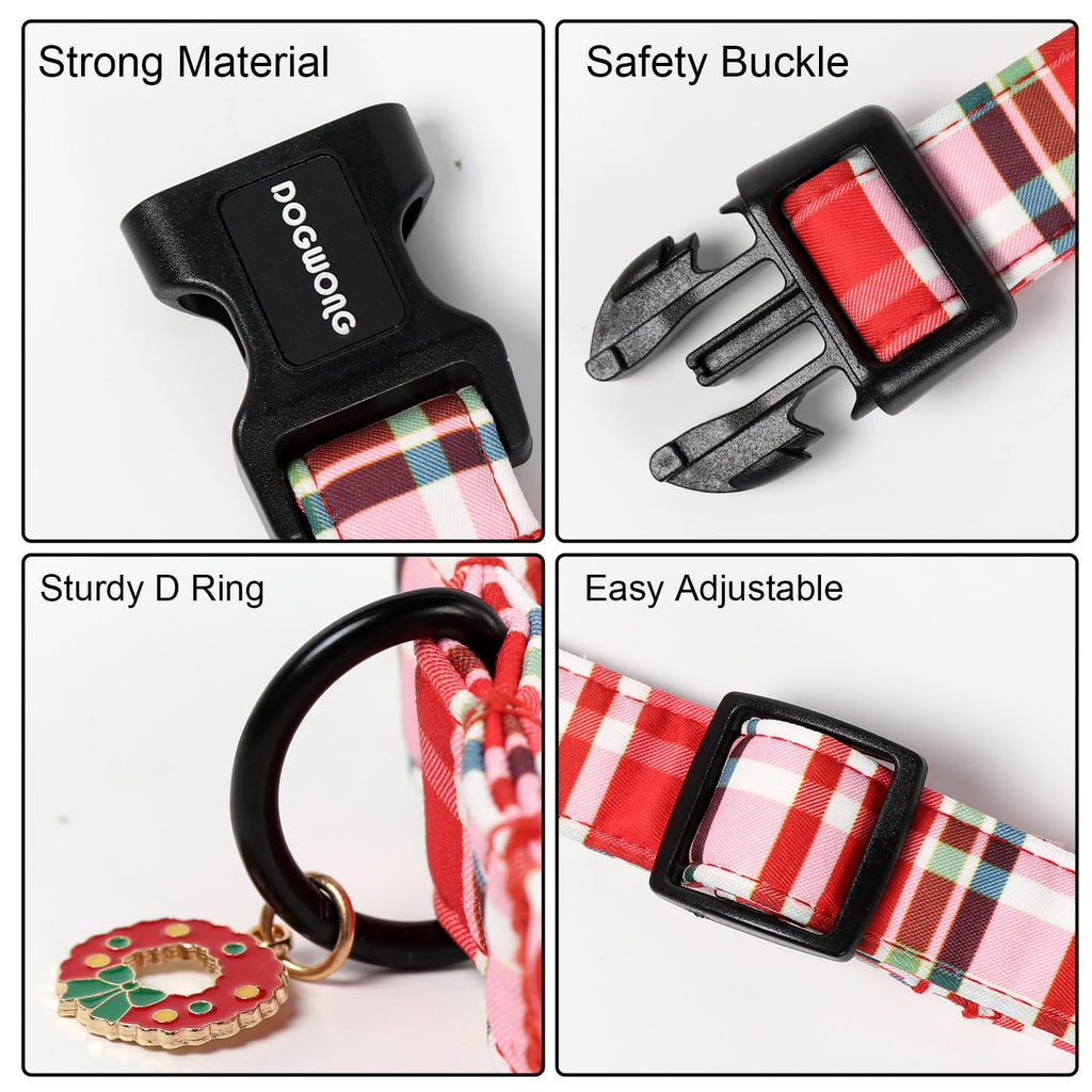 DOGWONG Christmas Dog Collar,Red Plaid Dog Collars, Adjustable Red Checkered Pet Collars Christmas Dog Collar for Small Medium Large Dogs
