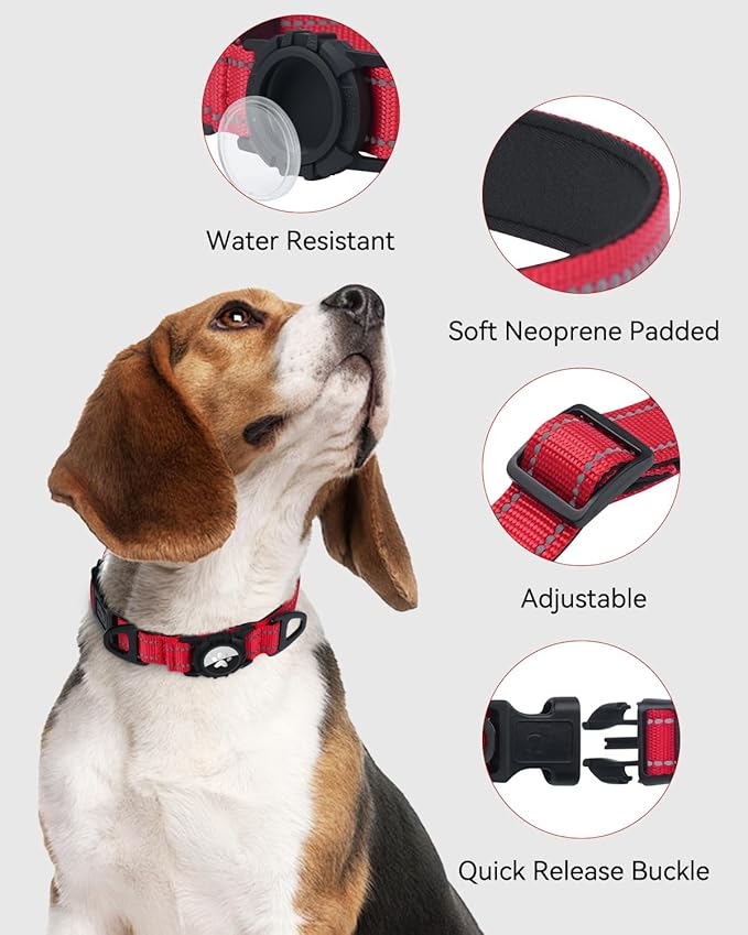 Joytale Airtag Dog Collar, Reflective Pet Collar with Waterproof AirTag Holder, Dual D-Rings, Soft Padded Adjustable for Medium Dogs, Adjustable Length 15"-20", Red, M