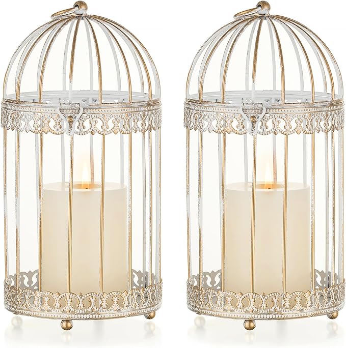 NUPTIO Decorative Candle Lanterns White, Distressed White Metal Bird Cage