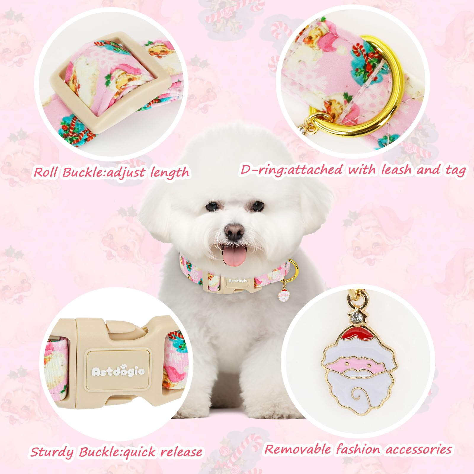 Astdogio Christmas Dog Collar for Medium Dogs, Adjustable Poly-Cotton Fabric Collar with Santa Pattern, Cute Pink Dog Collar for Dogs, Medium Dog Collars Girls Dog Collars