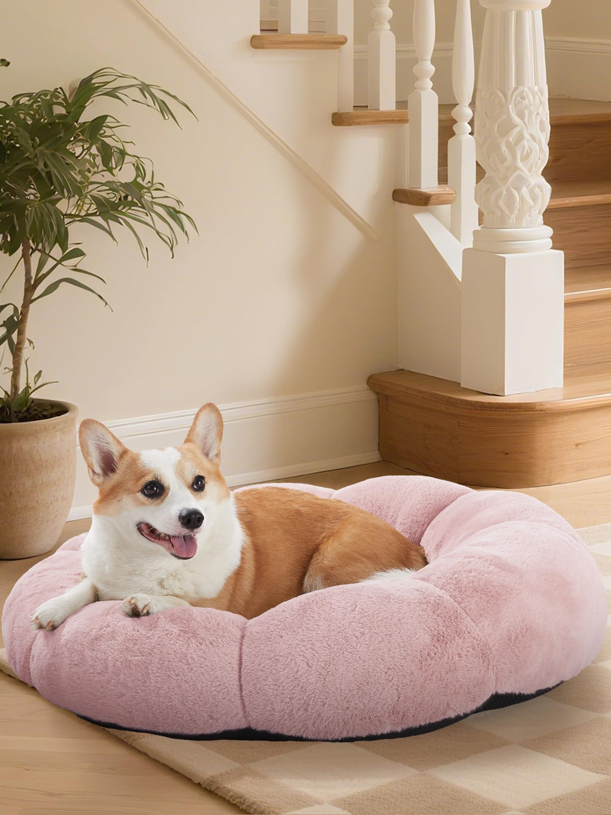 OhGeni 27 inches Calming Donut Dog & Cat Bed for Medium Pets, Warming Comfort Fluffy Short Pile Fur, Durable Machine Washable Round Bed, Cute Round Bed for Puppy and Kitten, Camel
