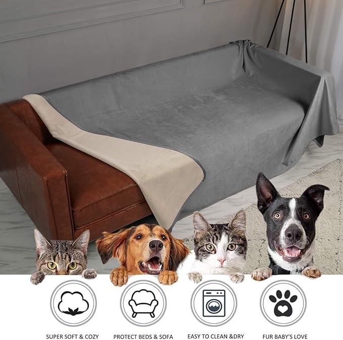 Ameritex Pet Bed Blanket Reversible 100% Waterproof Velvet Super Soft for Sofa and Bed (52x82 Inches, Light Grey+Beige)