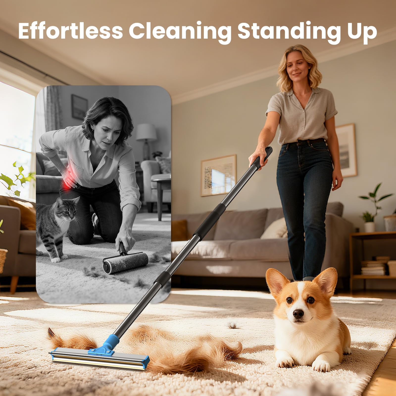 4-in-1 Pet Hair Removal Tool Set - Dual-Head Carpet Rake & Floor Scraper, Small Carpet Scraper, Pet Hair Glove, Matted Hair Rake for Dogs & Cats, Multi-Scene Pet Supplies for Sofa, Carpet, Floor,Blue