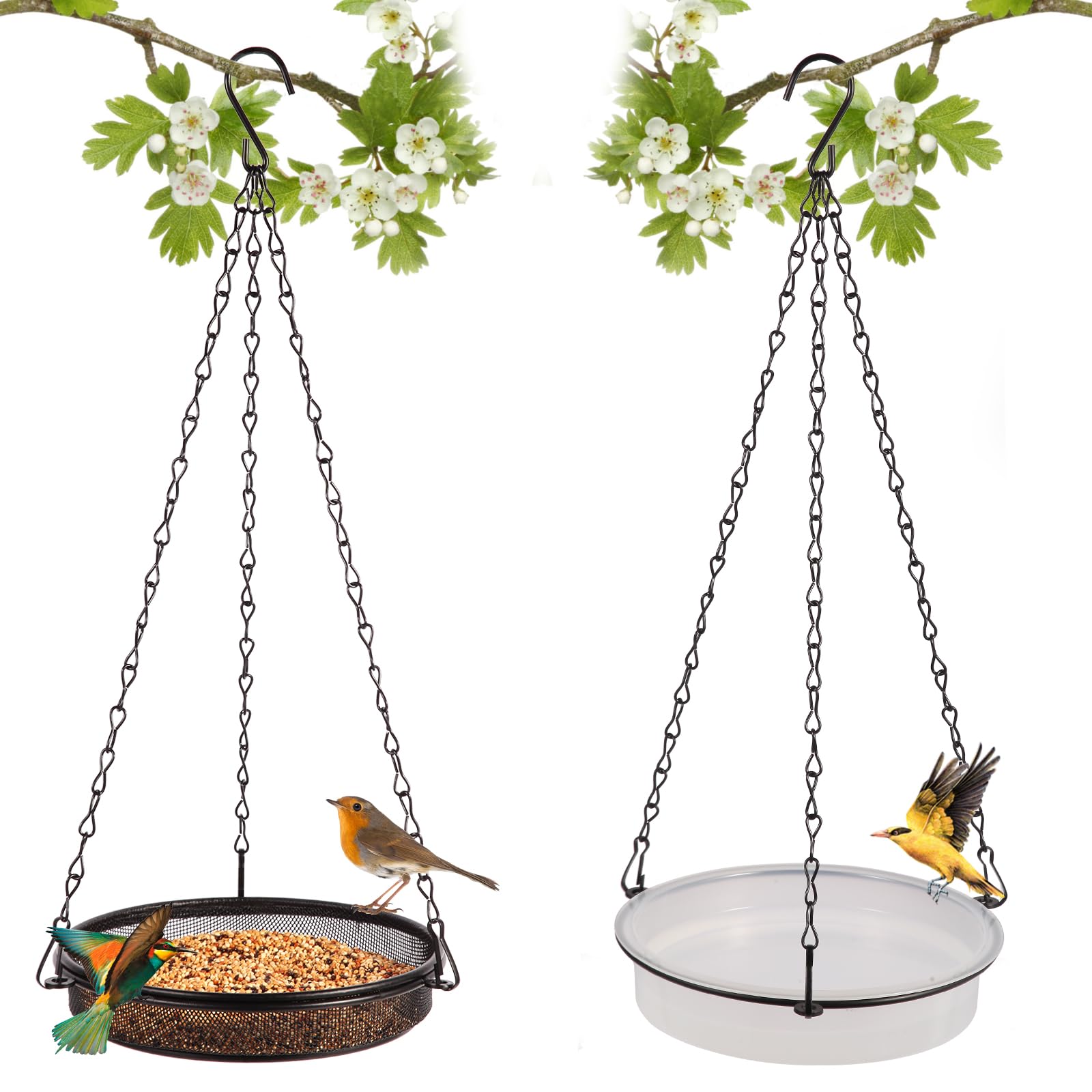 HRAYLTOP 2-in-1 Set Hanging Bird Feeder and Bath for Outdoor, Small Metal Tray Perfect for Attracting Bird