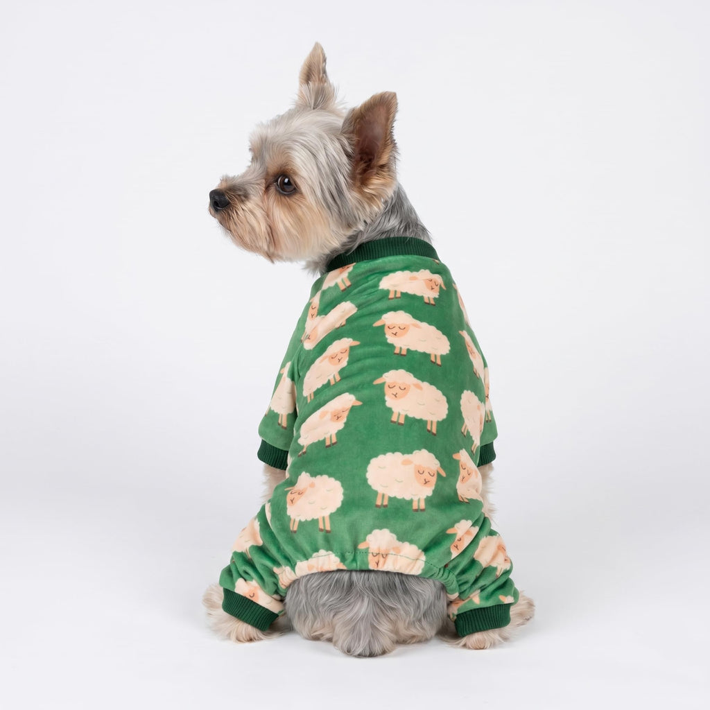 Fitwarm Funny Sheep Dog Pajamas, Warm Winter Dog Clothes for Small Dogs Boy Girl, Cozy Pet Onesie with Feet, Green, White, XS