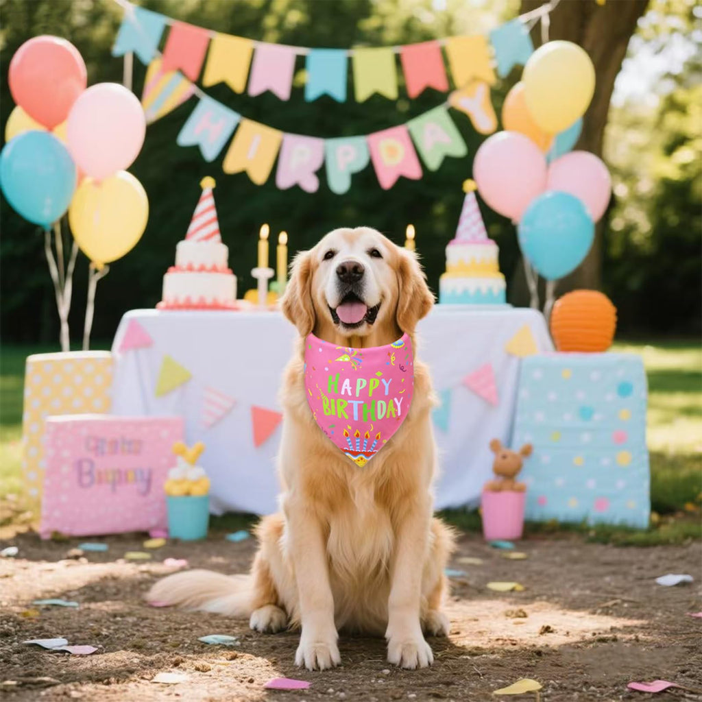 WoffBow Dog Birthday Girl Bandana for Large Dogs, Reversible Pink Scarf