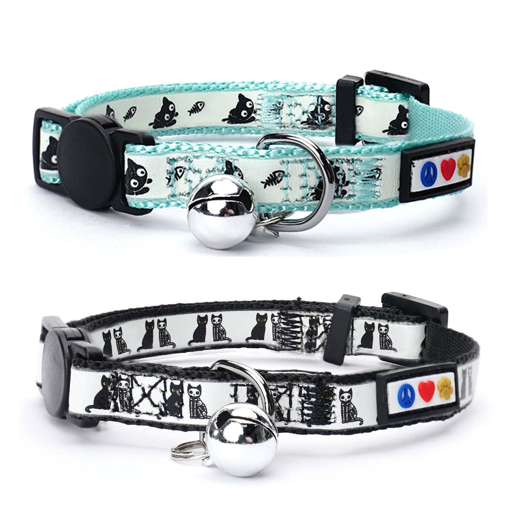 Pawtitas Glow in the Dark Cat Collar with Breakaway Safety Buckle & Bell Adjustable Kitten Collar, Set of 2 GID Teal/Black