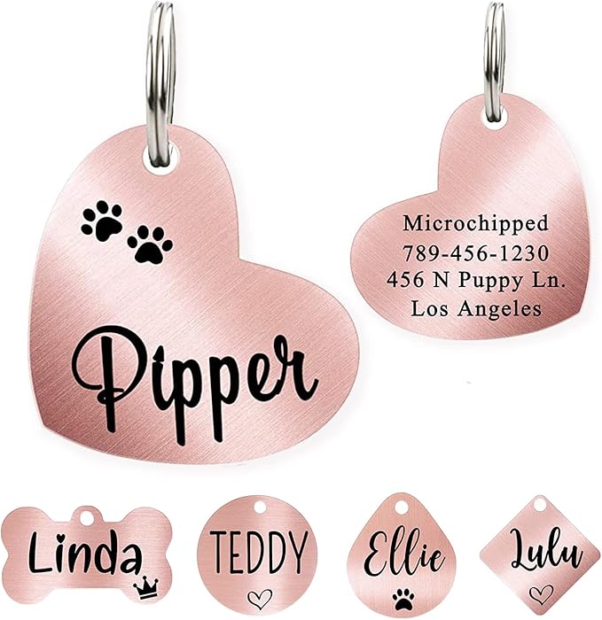 Ultra Joys Custom Personalized Pet ID Tag - Brushed Stainless Steel Heart in Rose Gold