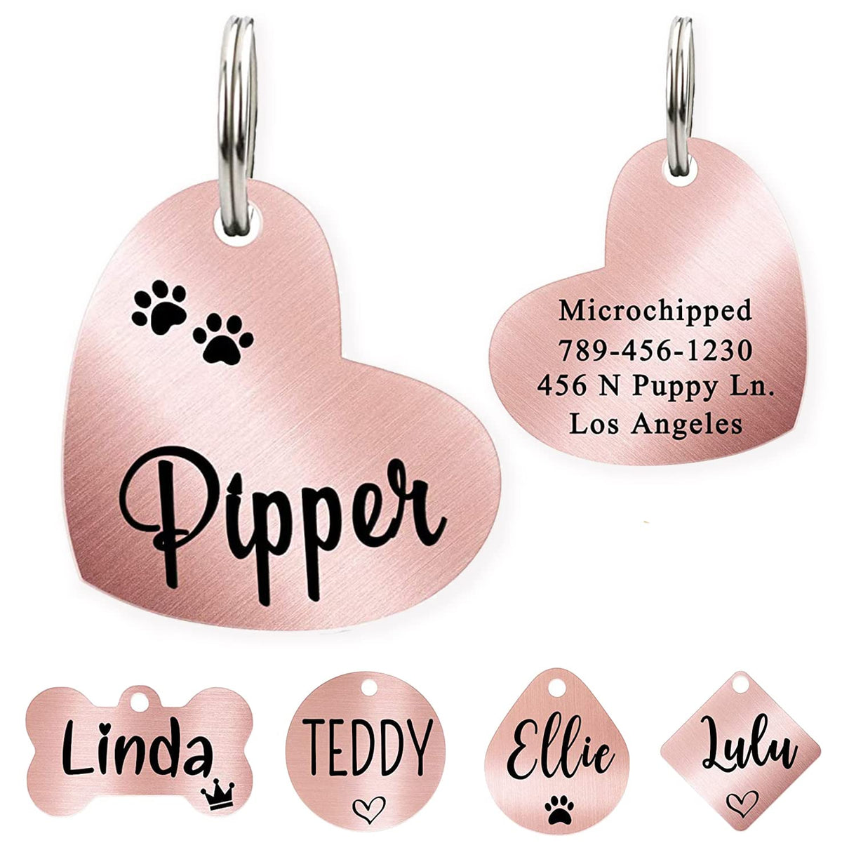 Ultra Joys Custom Personalized Pet ID Tag - Brushed Stainless Steel Heart in Rose Gold, Large
