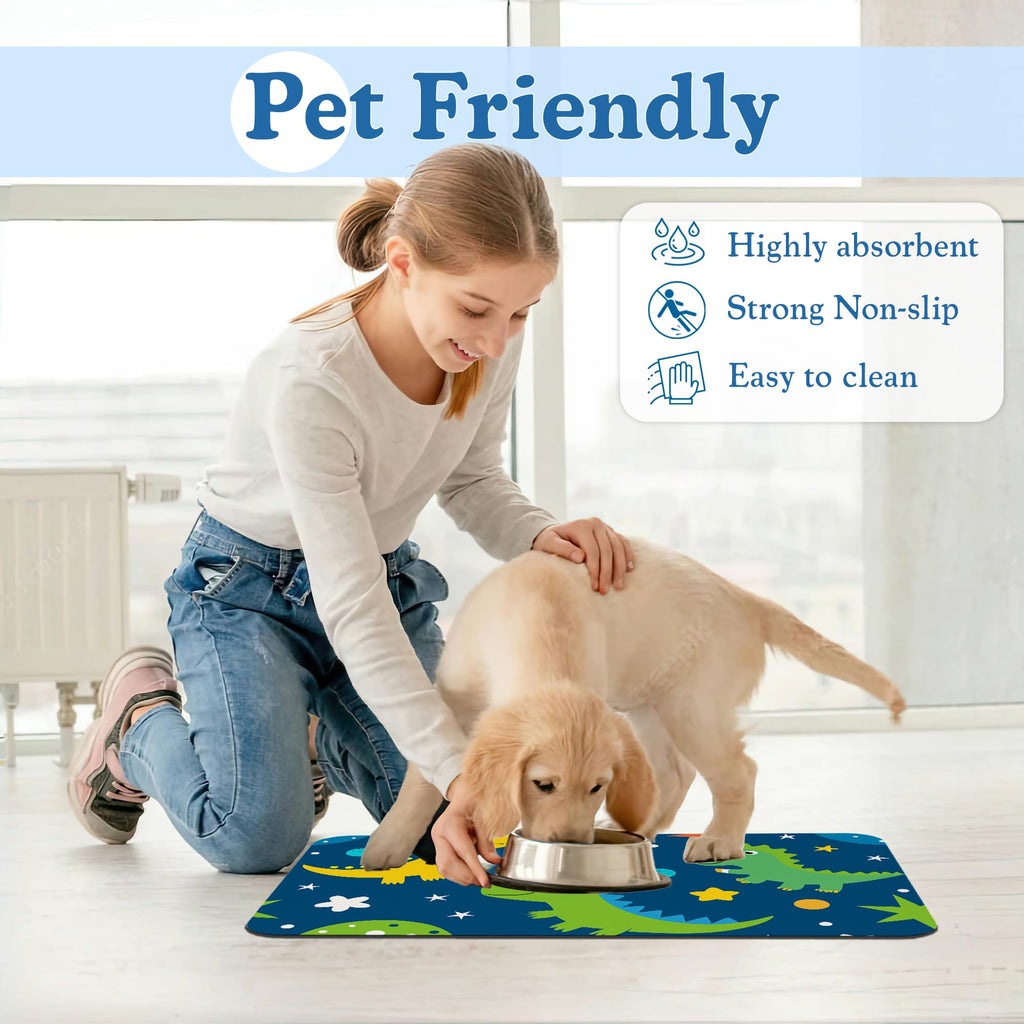 Cartoon Dino Pet Feeding Mat–Quick Dry Absorbent Dog Cat Food Mat, Non Slip Waterproof Bowl Placemat for Messy Eaters, Pet Accessories for Floors 12"x20"
