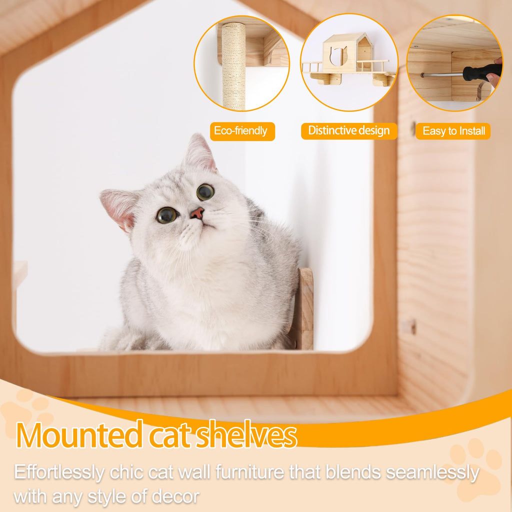 NOVGOBHOT Cat Shelves for Wall – Cat Climbing Furniture Set for Large Cats with House, Bridge Ladder, 3 Scratching Posts & 5 Steps