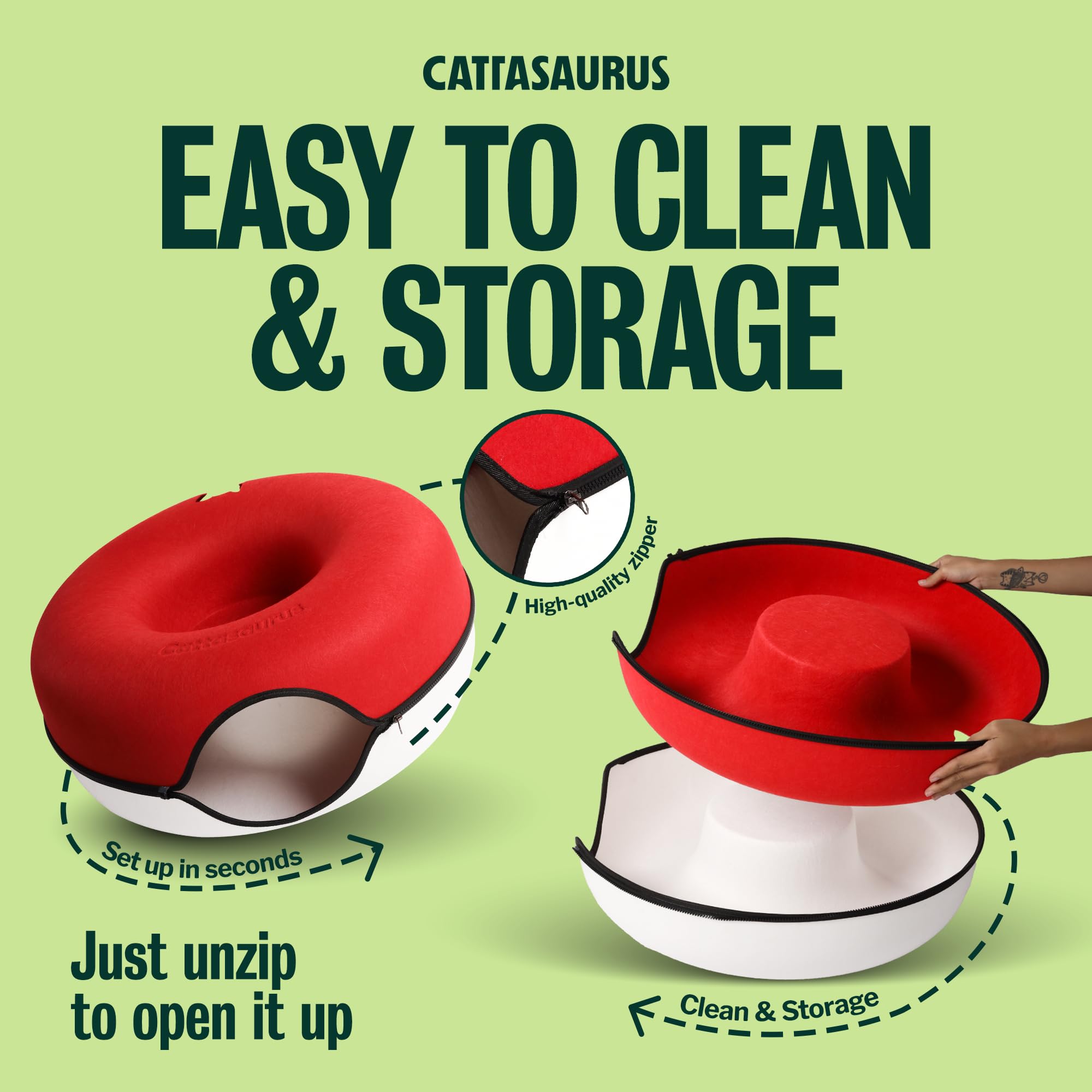 Cattasaurus Peekaboo Cat Cave Donut for Multiple & Large Cats up to 30-45 lbs, 3-in-1 Self Warming Cat Bed, Tunnel & Scratcher for Indoor Cats, Washable & Detachable Dog Bed (Ruby Snowball, Large)