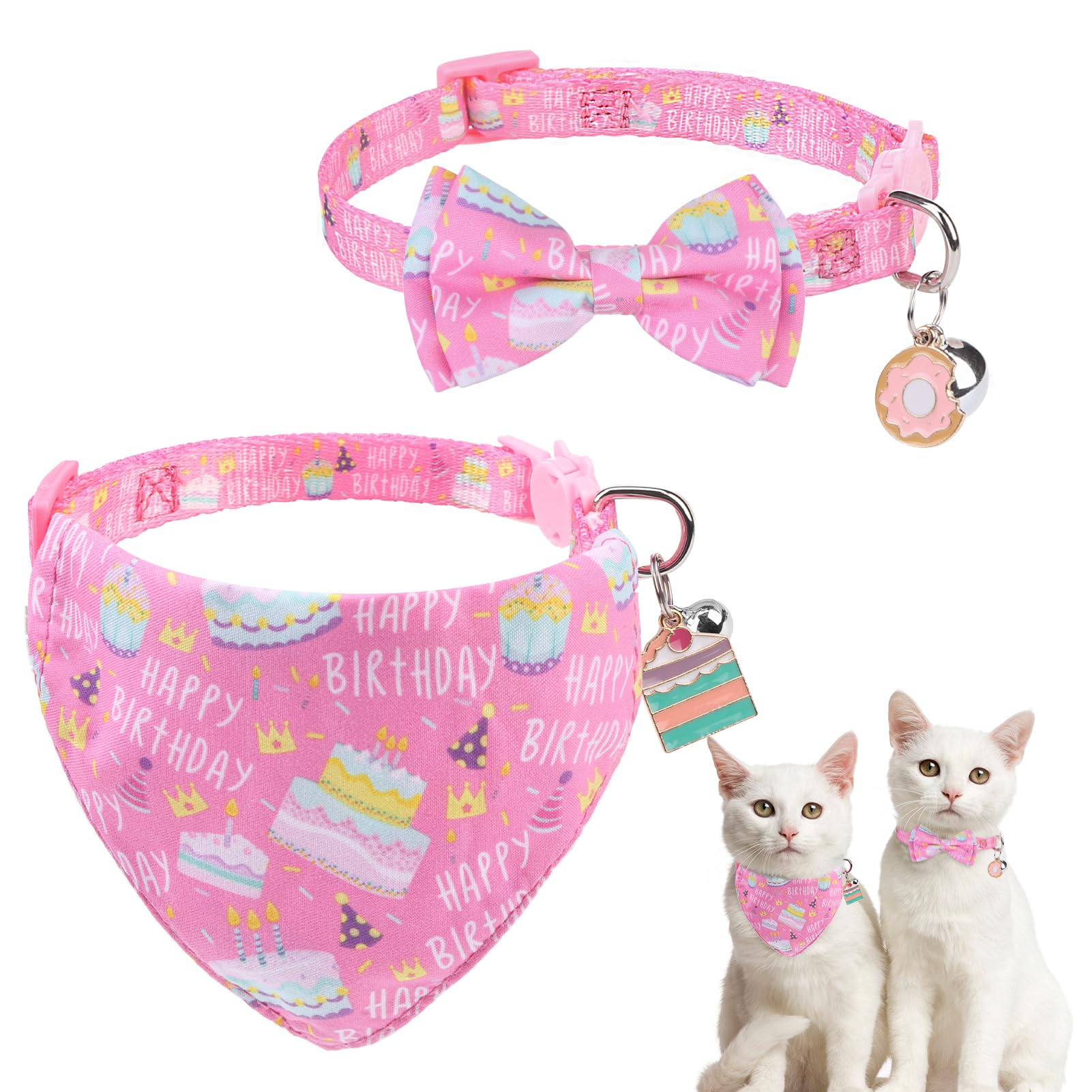 SCENEREAL Cat Bandana Collar for Birthday - 2 Pack Breakaway Kitten Collars With Bell Bowtie, Accessories for Pets, Adjustable Cute for Cats and Small Dogs Boys Girls, (Pink)