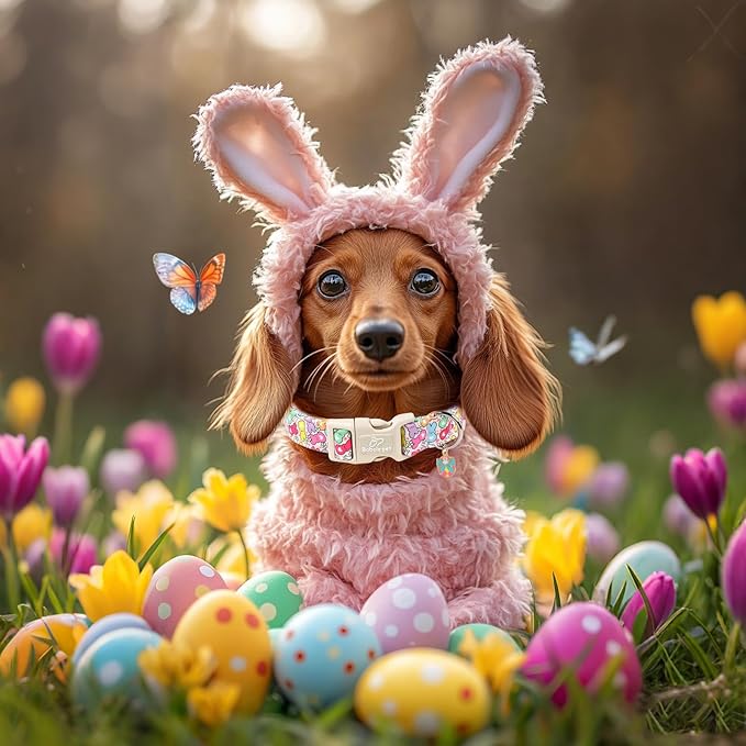 Babole Pet Easter Dog Collar for Puppy Small Dogs - Colorful Bunny Print Easter Collar for Male Female Dogs, Lightweight Adjustable Spring Holiaday Dog Collars with Quick Release Buckle XS