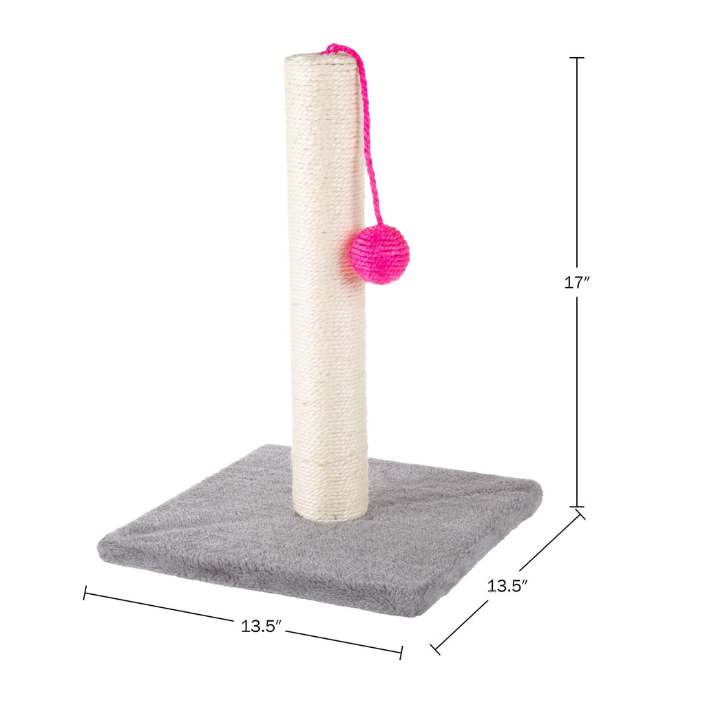 17-Inch Cat Scratching Post - Sisal Rope and Carpet Scratching Pole with Bright Pink Hanging Ball Toy for Adult Cats and Kittens by PETMAKER (Gray)