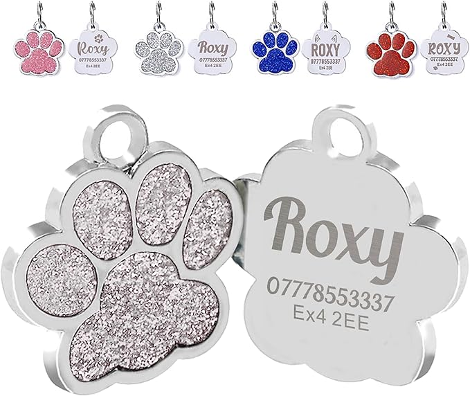 EDSG Cat Dog Tags Personalized for Pets, Dog Name Tags Cat Name ID Tag, Engraved Dog Tags Dog ID Tags Small Glitter Bling ID Tag Paw Print for Cat Pet Dog Puppy(Blue