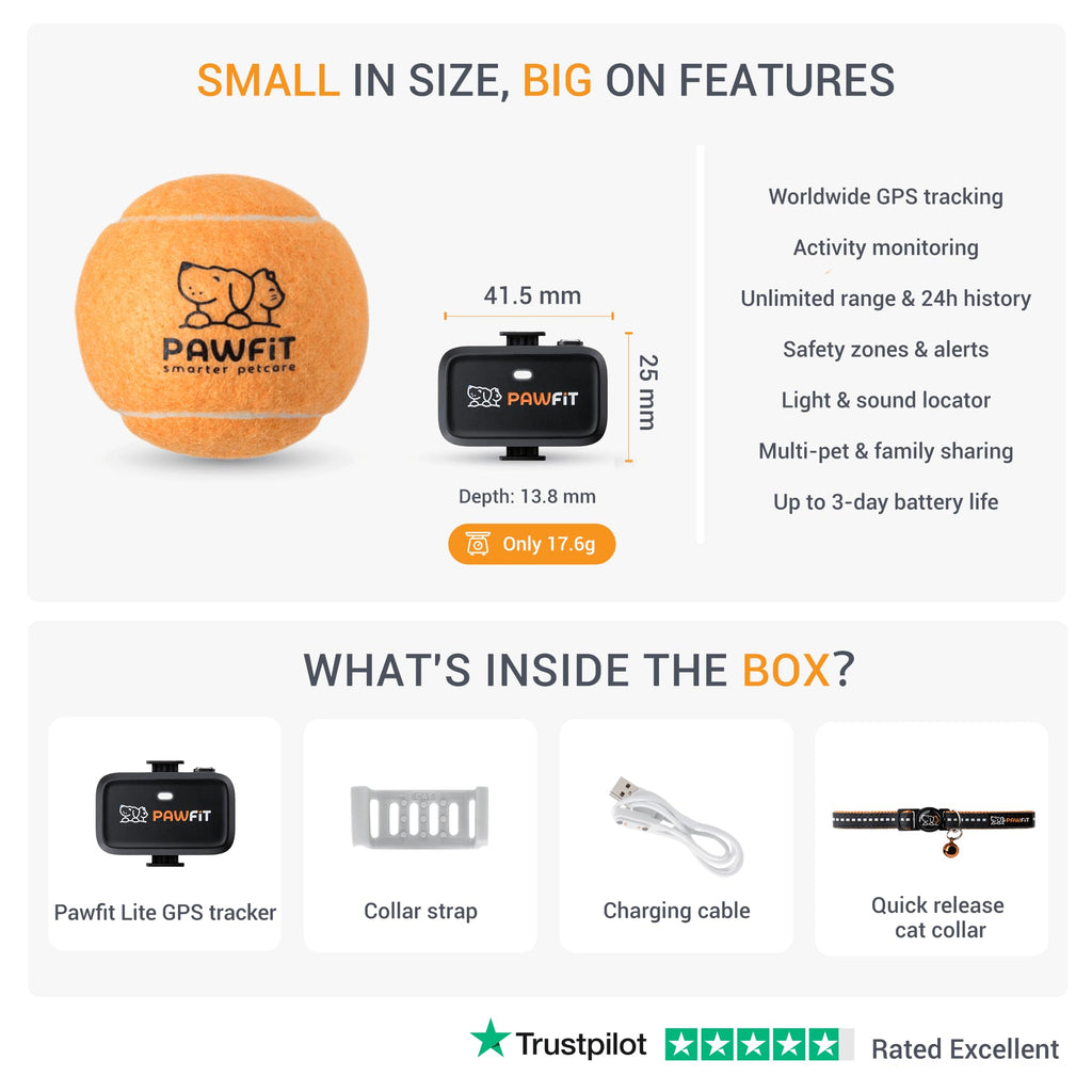Pawfit Lite 4G GPS Cat Tracker, Live Tracking, Ultra-Light, Onyx Black