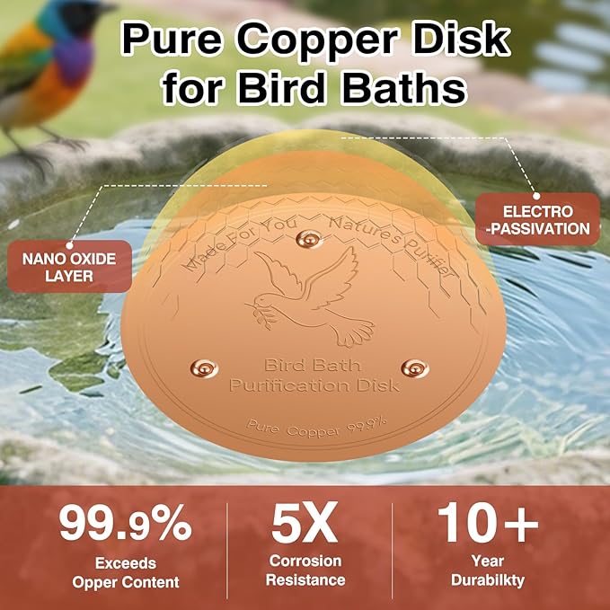 HIGHYEAH Bird Bath Copper Disc- Reinforced 99.99% Pure Copper Bird Bath Purification Basin with Three-Point Support Providing Physically Safe Clean Water Suitable for Outdoor Bird Baths