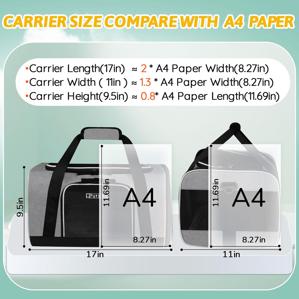 Petskd Small Pet Carrier 17" L x 11" W x 9.5" H Airline Approved, Grey