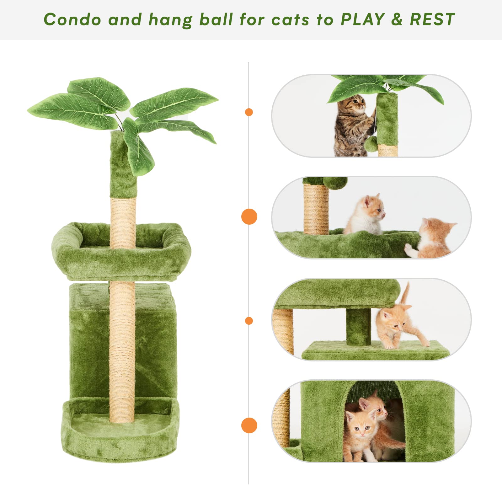 TSCOMON 31.5in Multi-Level Cat Tower with Sisal Scratching Posts, Hidden Cave & Perch Platform, Large Cat Condo for 1-3 Cats, Eco-Friendly Pet Furniture with Realistic Leaves, Green