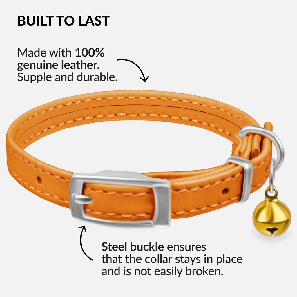 Soft Leather Cat Collar with Safety Elastic Strap - Orange