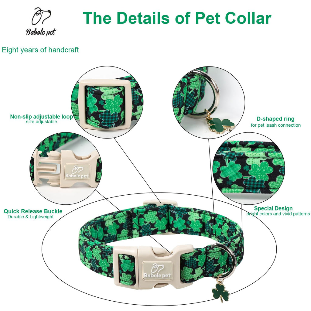 Babole Pet St Patricks Day Dog Collar for Large Dogs - Green Lucky Clover Dog Collars, Lightweight Adjustable Irish Festival Shamrock Dogs Collars with Quick Release Buckle L