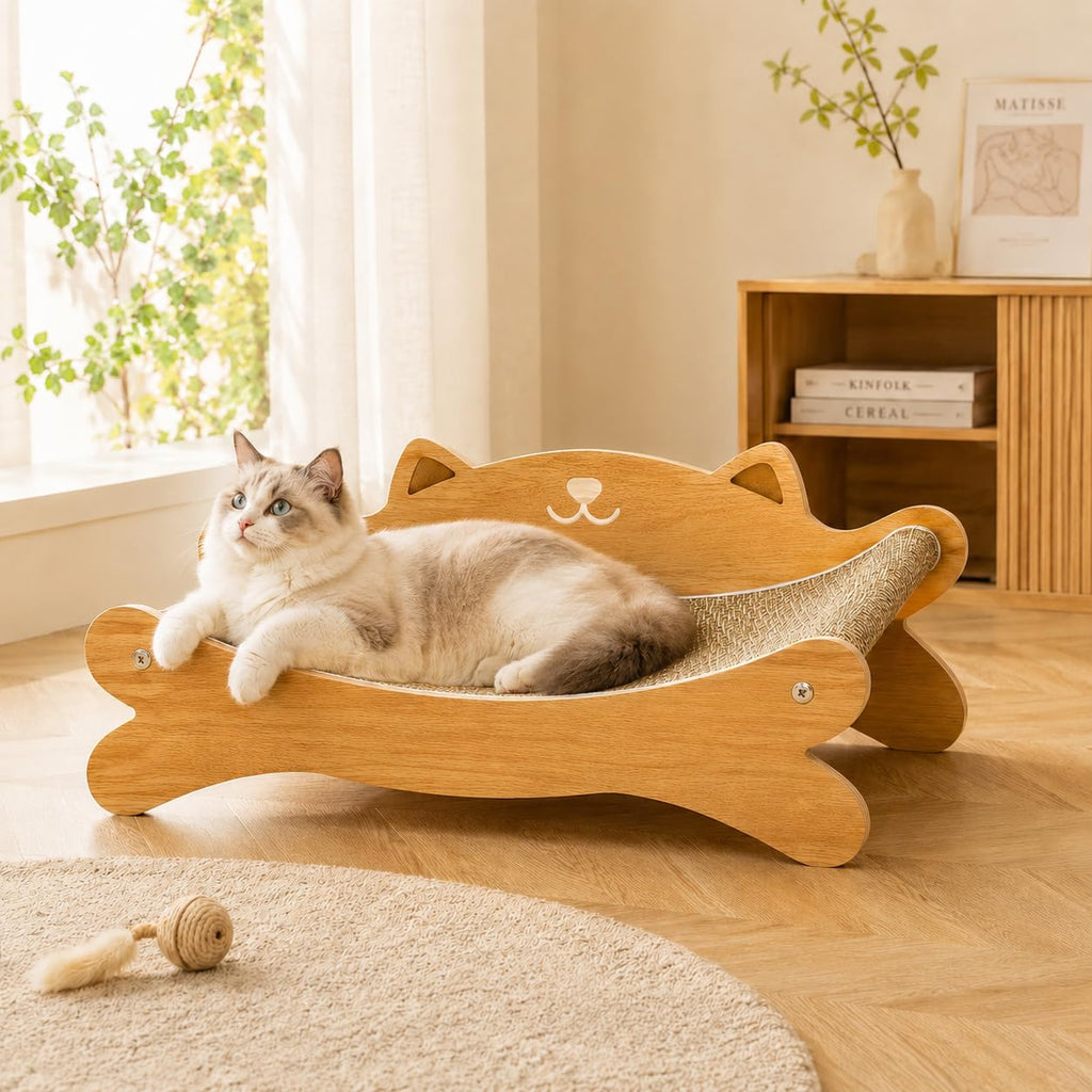 RizzQi Cat Scratcher Bed for Indoor Cats - Summer Cool Hammock, 23.2″ Large Scratching Lounge with 40 lbs Weight Capacity, Wooden Modern Cat Scratching Post & Pad Furniture
