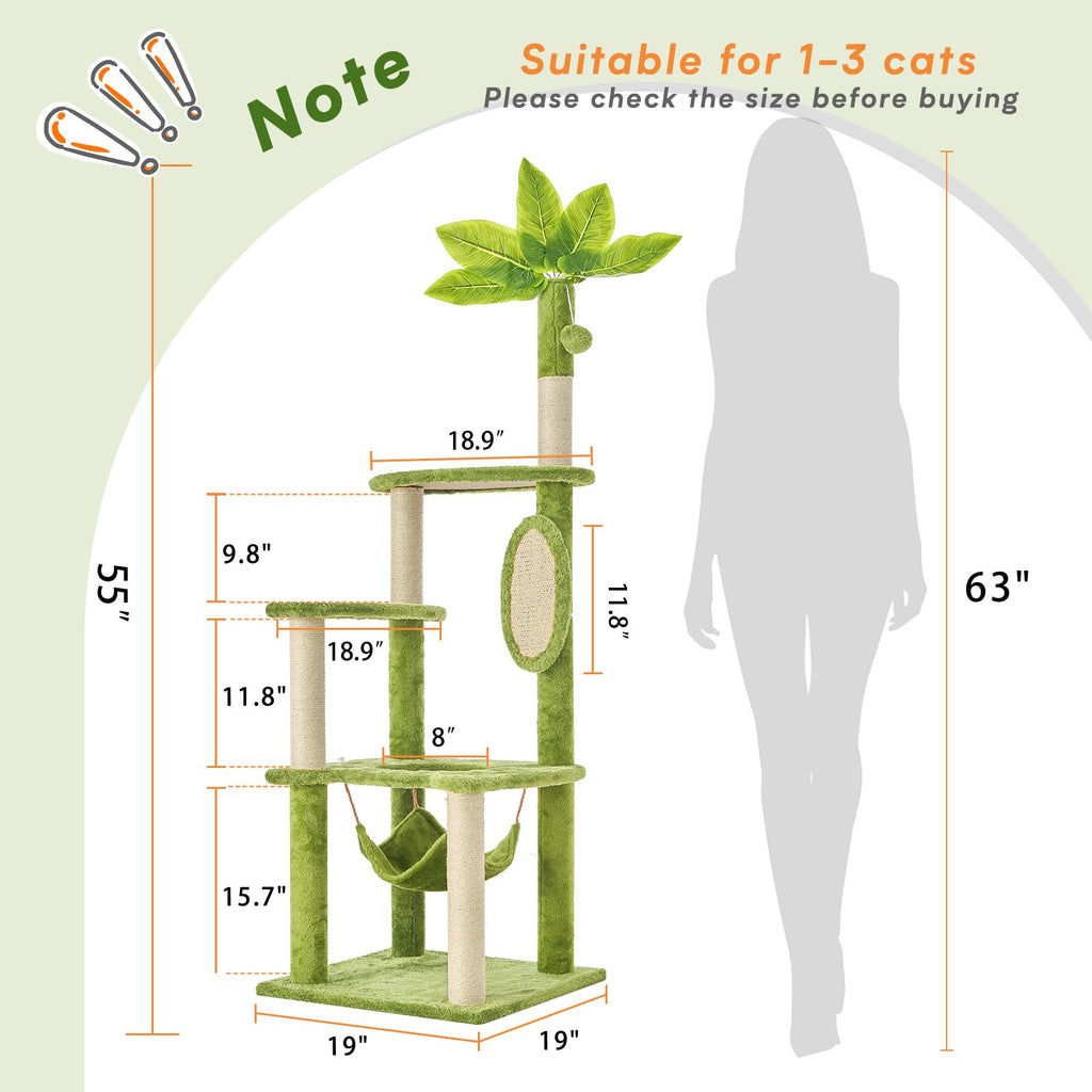 TSCOMON Cat Tree for Indoor Cats, 55 Inch Cat Tower with Rotating Scratching Board, 4 Sisal Posts & Leaf Top Design, Modern Cat Furniture for Multiple Cats (No House), Green