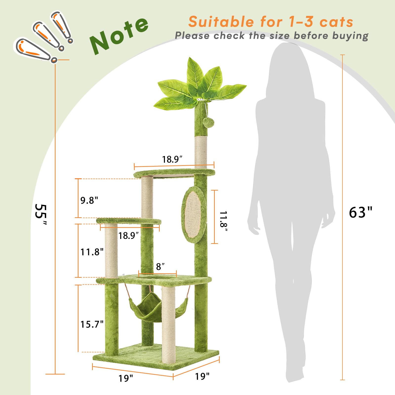 TSCOMON Cat Tree for Indoor Cats, 55 Inch Cat Tower with Rotating Scratching Board, 4 Sisal Posts & Leaf Top Design, Modern Cat Furniture for Multiple Cats (No House), Green
