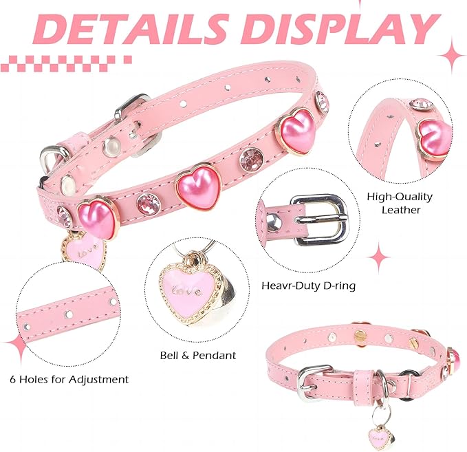 EXPAWLORER Leather Cat Collar for Girl Boy Cats,Pink(Heart Diamond Rivet)