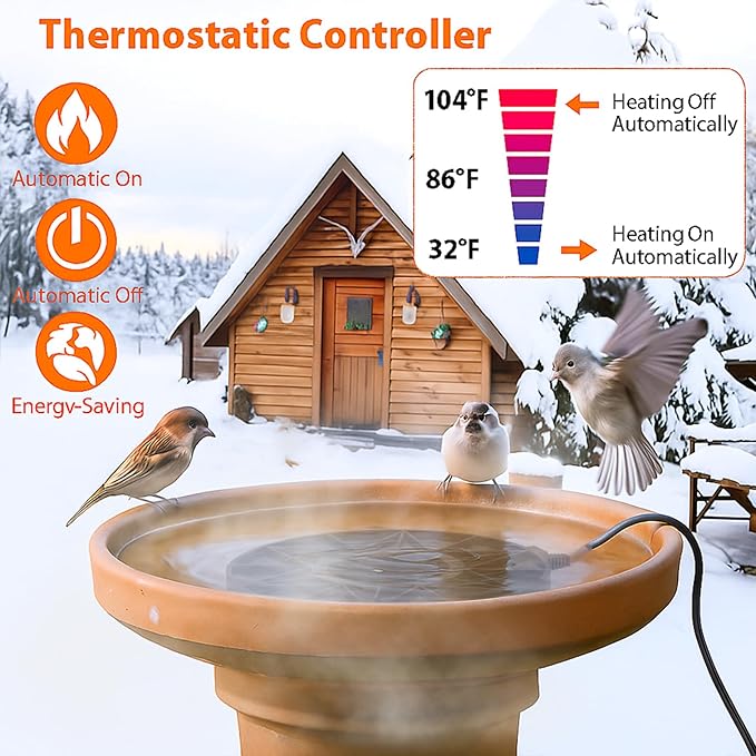 Fortrek Bird Bath Heater for Outdoors in Winter, 70w Birdbath Deicer Thermostatic Controller Water Heater with 5FT Cable for Birdbaths, Chicken, Duck, Livestock, Poulty, Animal, Tank, Buckets