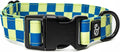 Lucy & Co. Have a Nice Day Dog Collar - Durable Lightweight Designer Collar for Pets - Adjustable Metal Safety Buckle - Lime Green Blue Checker - Medium
