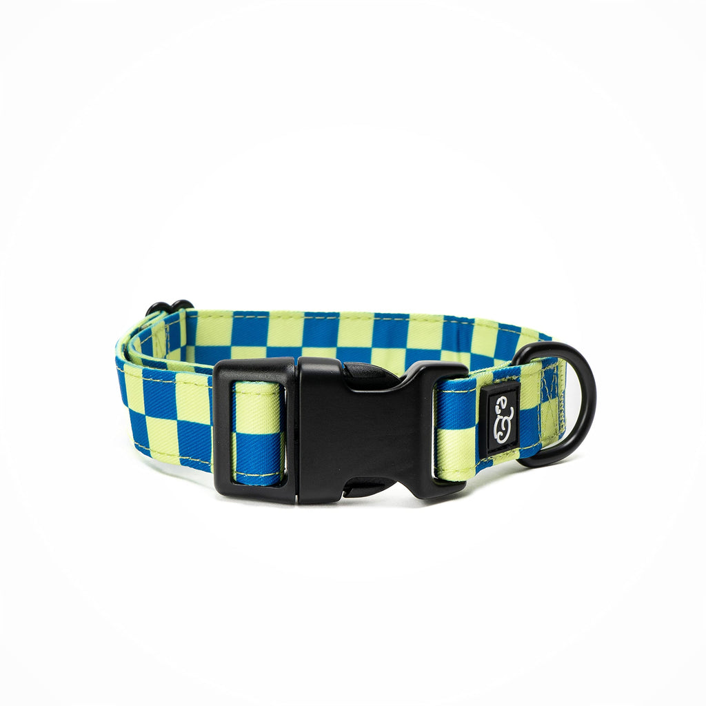 Lucy & Co. Have a Nice Day Dog Collar - Durable Lightweight Designer Collar for Pets - Adjustable Metal Safety Buckle - Lime Green Blue Checker - Large