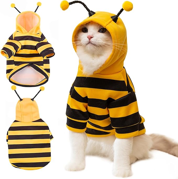 DENTRUN Sphynx Hairless Cats Costume Funny Bee Warm Winter Sweater Cute Pullover Kitten Shirts Breathable Cat Leisure Wear Turtleneck Vest Adorable Cat's Clothes Jacket Pajamas Jumpsuit, M