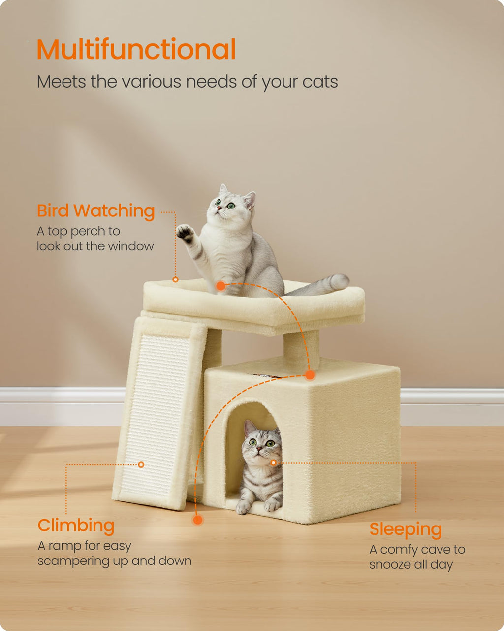 Feandrea Small Cat Tree, Cat Tower Condo, Scratching Ramp, Large Top Perch, Cave, 20.1 x 15.4 x 18.3 Inches, Summer Sand UPCT010LF02S