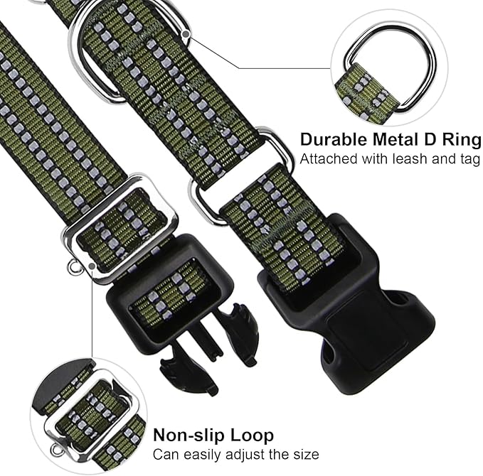 JOYEEIIOO Martingale Dog Collar, Adjustable Nylon Reflective Collar with Quick Release Buckle, No Pull Dog Training Collars for Small Medium Large Dogs (Forest Green, Small)