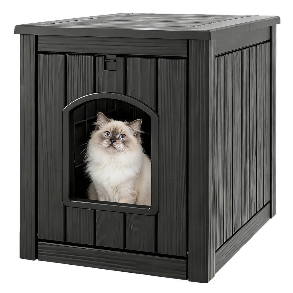 WTFGO Litter Box Enclosure, Waterproof & Weatherproof Plastic Cat House for Indoor Outdoor Use, Multi-Functional Hidden Litter Box Furniture for Living Room, Backyard, Patio, Garage (Black)