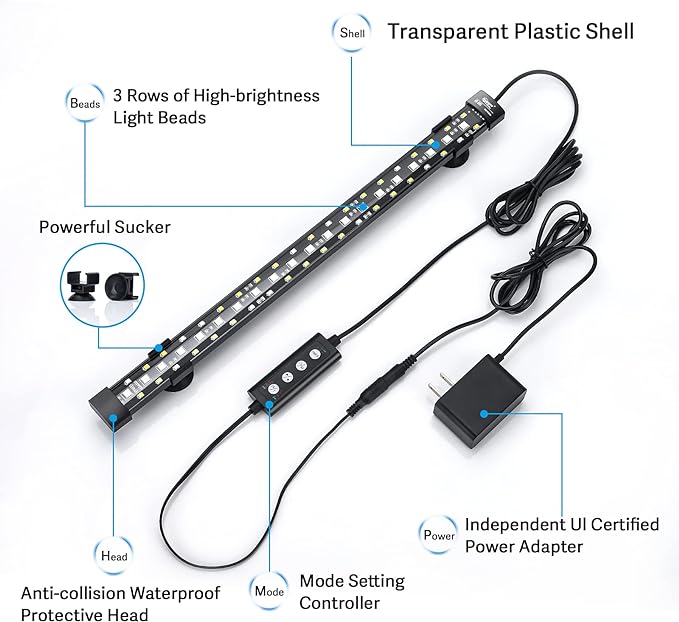 hygger 24/7 Mode Submersible Aquarium LED Light, Full Spectrum Hidden Fish Tank Light with 3 Rows Beads 7 Colors Auto On Off Sunrise-Daylight-Moonlight, Adjustable Timer Brightness 12W