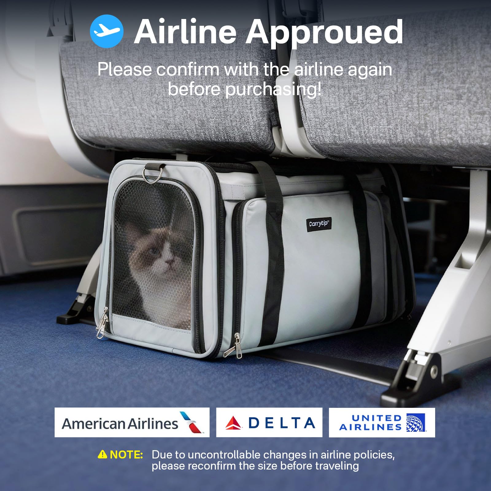 CarryTip Expandable Cat Carrier, Airline Approved Soft Sided Pet Carrier for Cats & Small Dogs Up to 15 lbs, with Locking Safety Zippers & Cozy Fleece Pad, Portable for Car & Vet Visits, Black