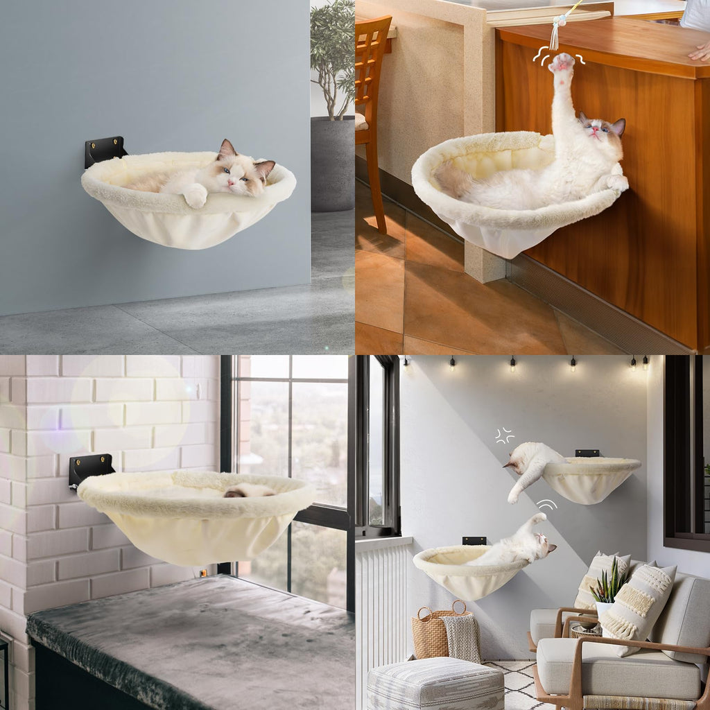 JUNSPOW Cat Hammock Wall Mounted, Foldable & Stable Cat Beds- Breathable Cats Wall Shelves for Sleeping, Playing, Climbing, and Lounging - Maximum Hold Up to 30lb（Cream,Faux Rabbit Fur）