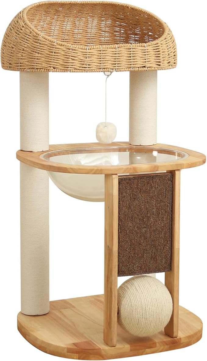 PETTIFUL Wood Cat Tree for Large Cats, Modern Cat Tree Tower with Wide Shelves Cotton Scratching Posts, Super Sturdy Base, Cozy Perches, and Interactive Toys for Indoor Kittens 31-Inch