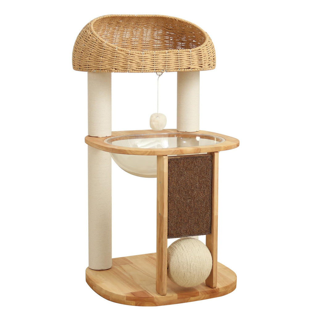 PETTIFUL Wood Cat Tree for Large Cats, Modern Cat Tree Tower with Wide Shelves Cotton Scratching Posts, Super Sturdy Base, Cozy Perches, and Interactive Toys for Indoor Kittens