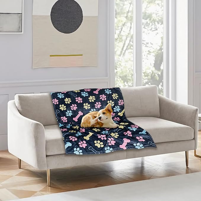 Gowyeg Dog Blanket for Large Dogs, Soft Flannel Cute Paw Navy Blue 50"x40"