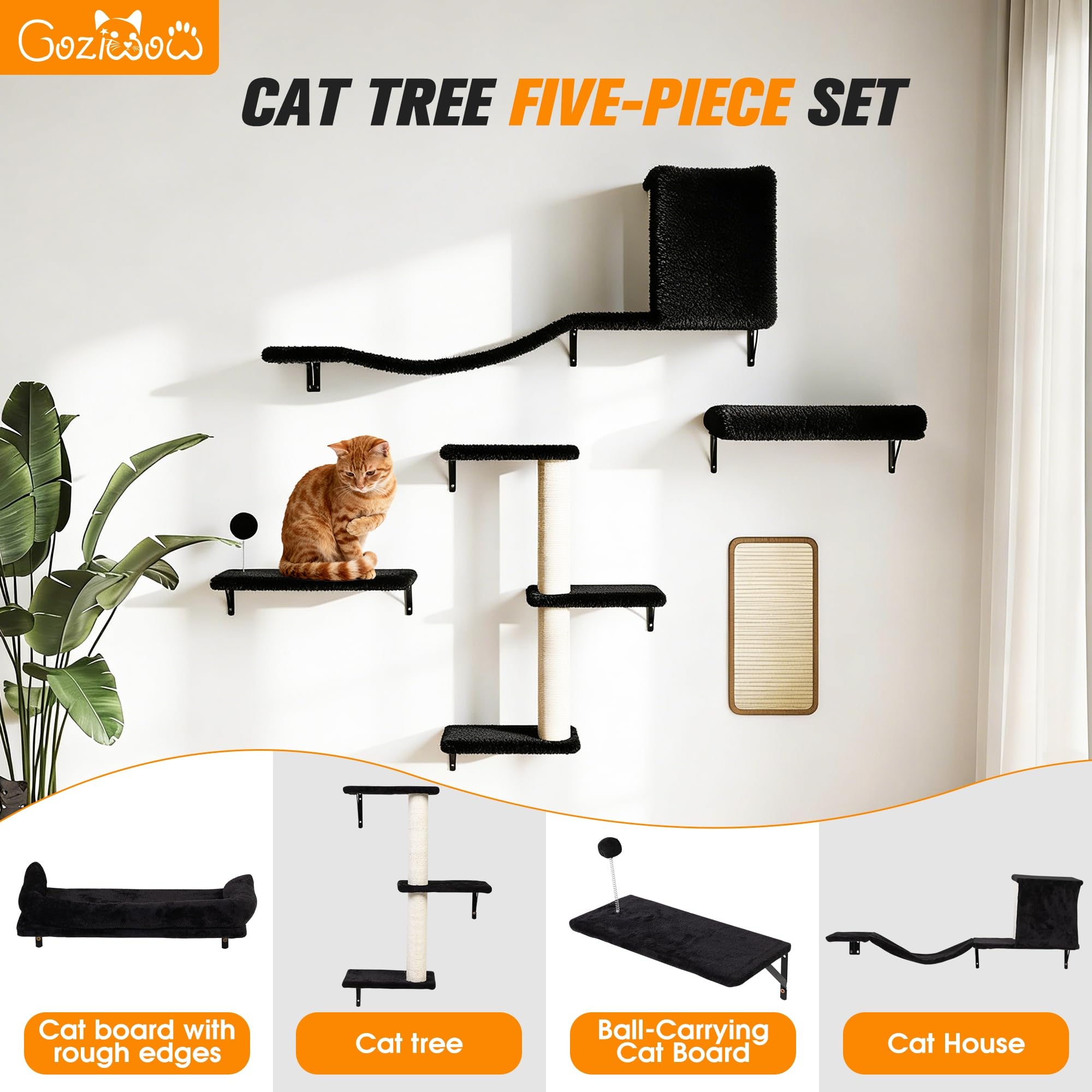 COZIWOW 5Pcs Wall Mount Cat Tree & Shelf Furniture for Large Cats, Black