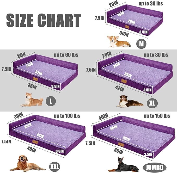 Patas Lague Orthopedic XL Dog Bed Large Sized Dog 48''X30'', Waterproof L Bolster Big Pet Sofa Beds with Removable Washable Cover, Soft Comfortable Pet Couch Crate Mat with Nonskid Bottom, Purple