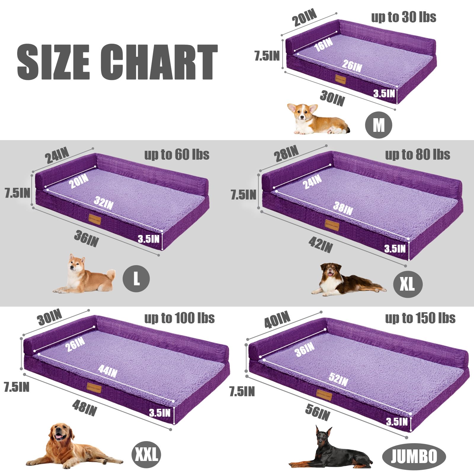 Patas Lague Orthopedic Medium Dog Bed Washable Pet Sofa Bed 30''X20''Purple