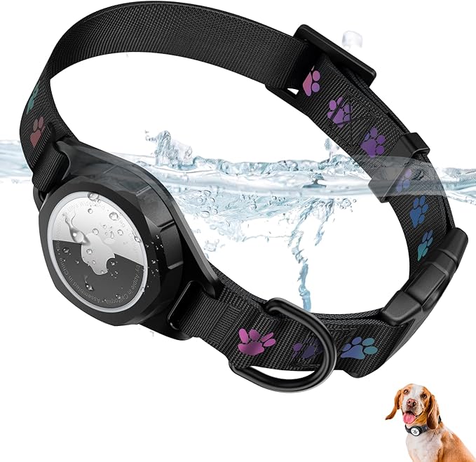 Dog Collar with Airtag Holder, IP67 Waterproof Reflective AirTag Dog Collars for Medium & Large Dogs, Adjustable Pet Collar with Twist-Lock Holder & Green Glow for Night (Black, M, 11.8"-15.9")
