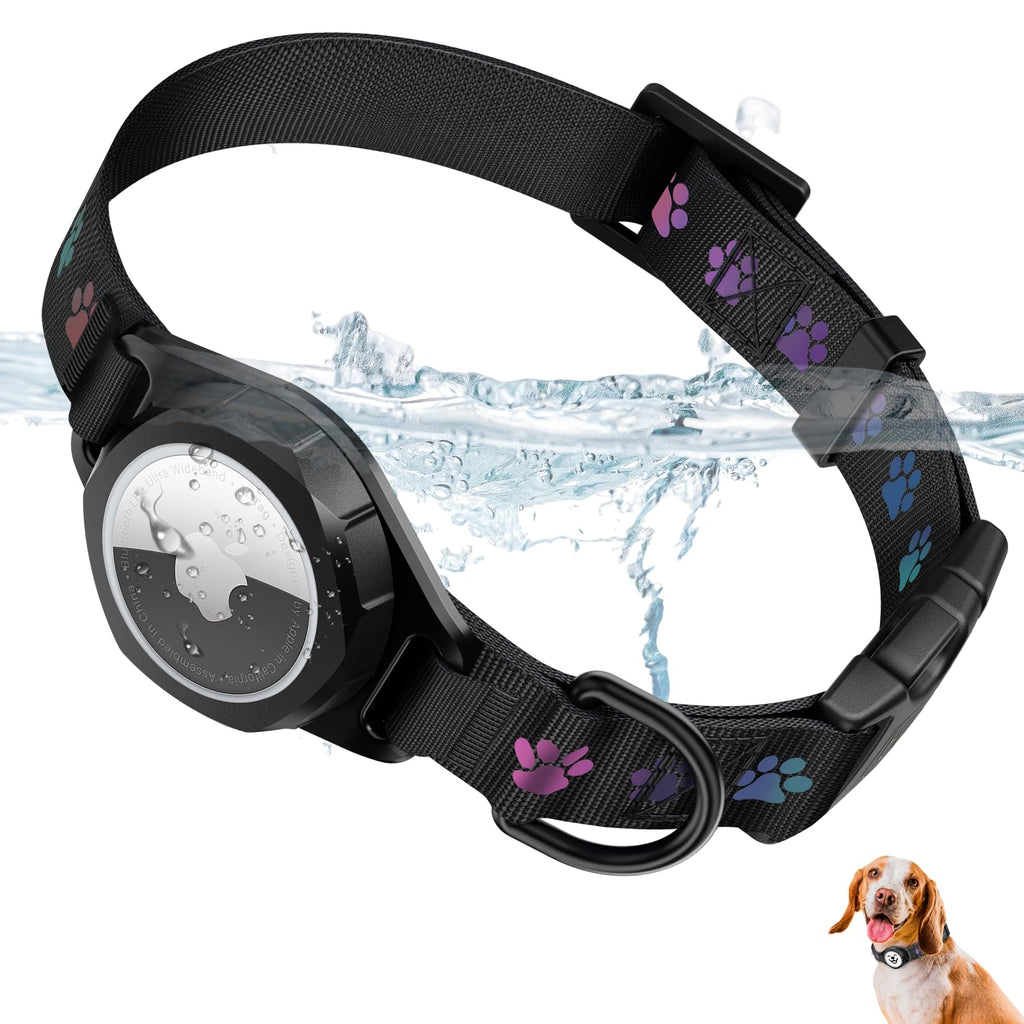 Dog Collar with Airtag Holder, IP67 Waterproof Reflective AirTag Dog Collars for Medium & Large Dogs, Adjustable Pet Collar with Twist-Lock Holder & Green Glow for Night (Black, M, 11.8"-15.9")